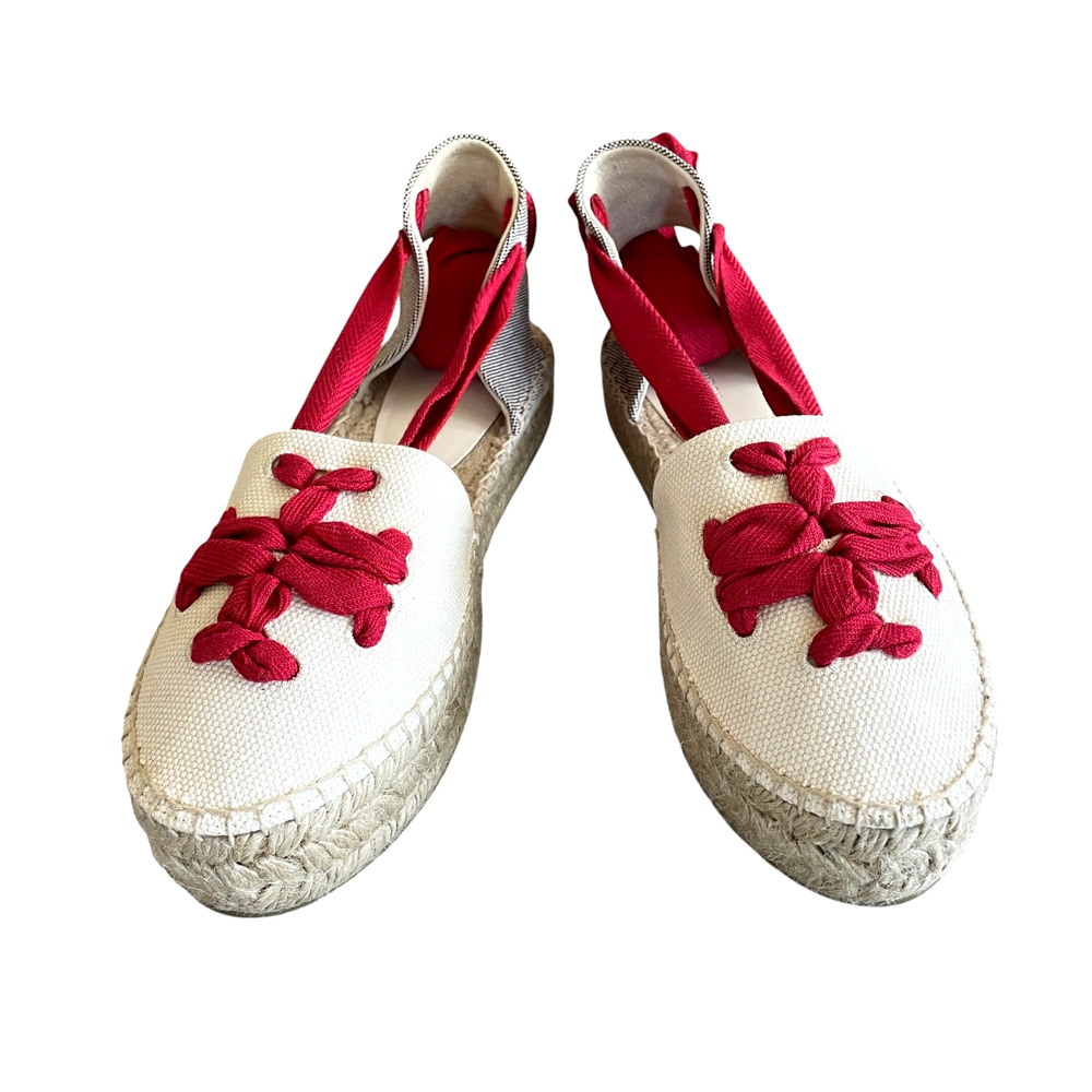 TORY BURCH Size 10 Woven Double T Espadrille Red Wrap-Around Tie Platform Flats - Picture 13 of 13
